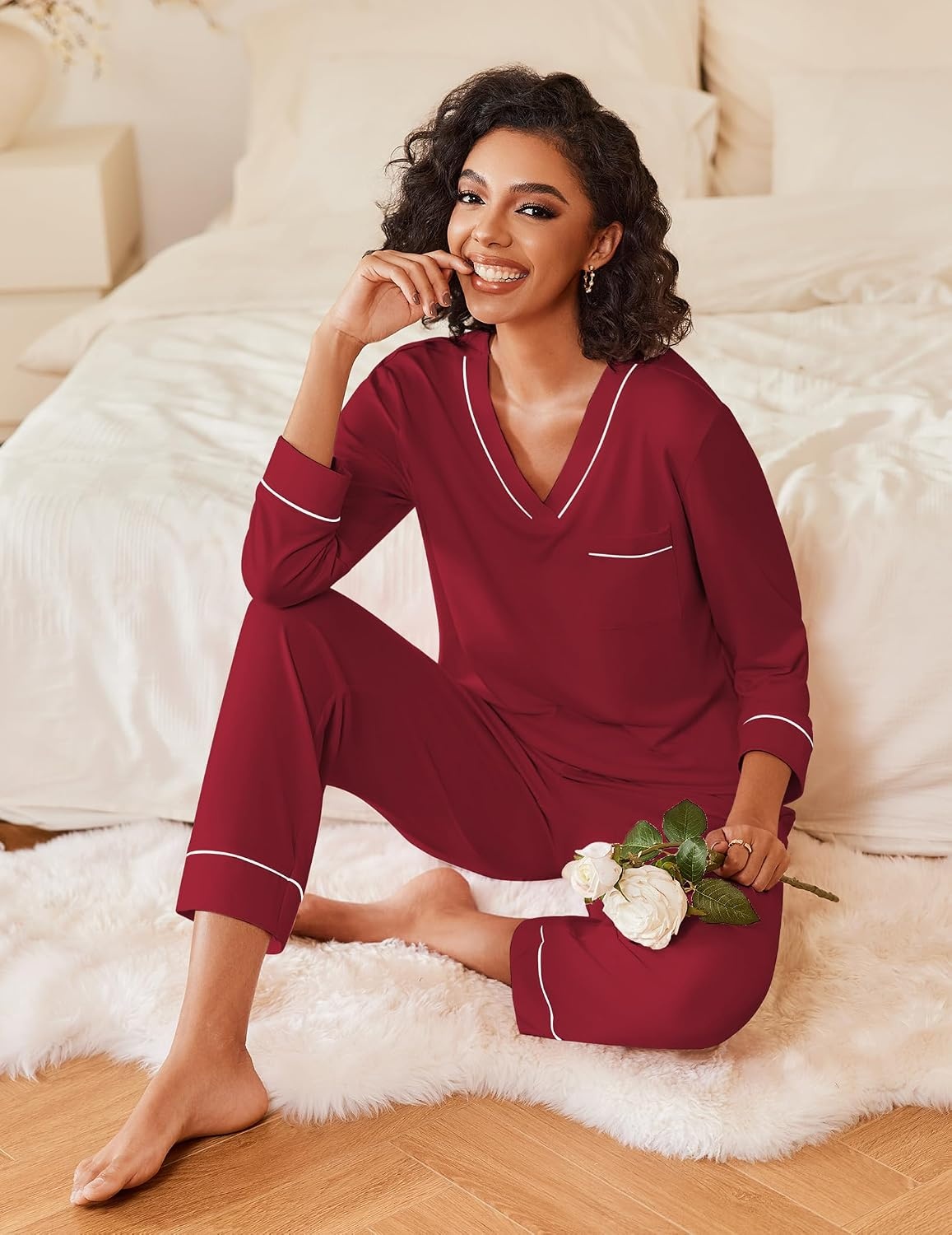 image:imageEkouaer Womens Pajamas Sets 2 Piece PJs Long Sleeve Sleepwear LoungewearWine Red