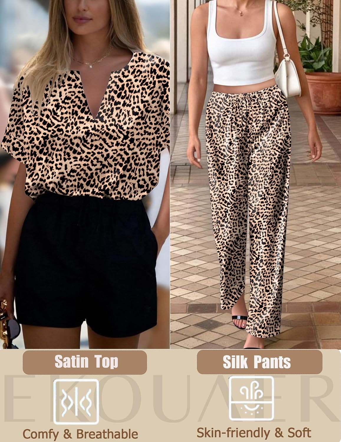 image:imageEkouaer Womens Satin Silky Pajama Set 2 Piece V Neck Silk Pjs with PocketApricot Black Leopard