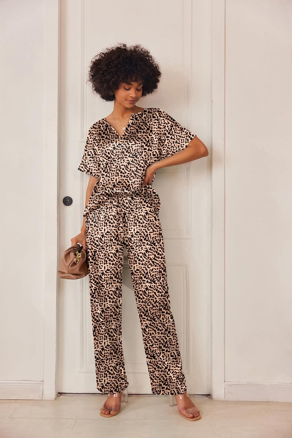 image:imageEkouaer Womens Satin Silky Pajama Set 2 Piece V Neck Silk Pjs with PocketApricot Black Leopard