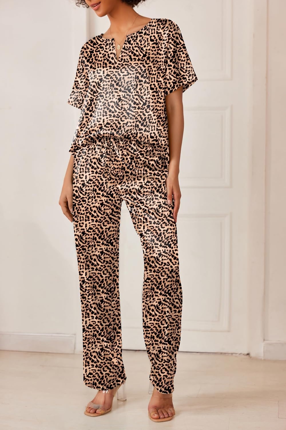image:imageEkouaer Womens Satin Silky Pajama Set 2 Piece V Neck Silk Pjs with PocketApricot Black Leopard