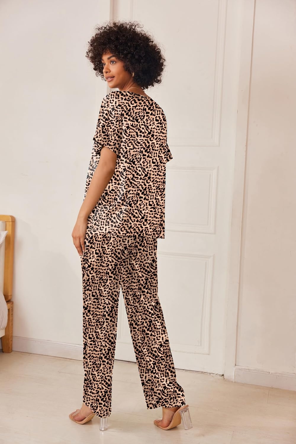 image:imageEkouaer Womens Satin Silky Pajama Set 2 Piece V Neck Silk Pjs with PocketApricot Black Leopard