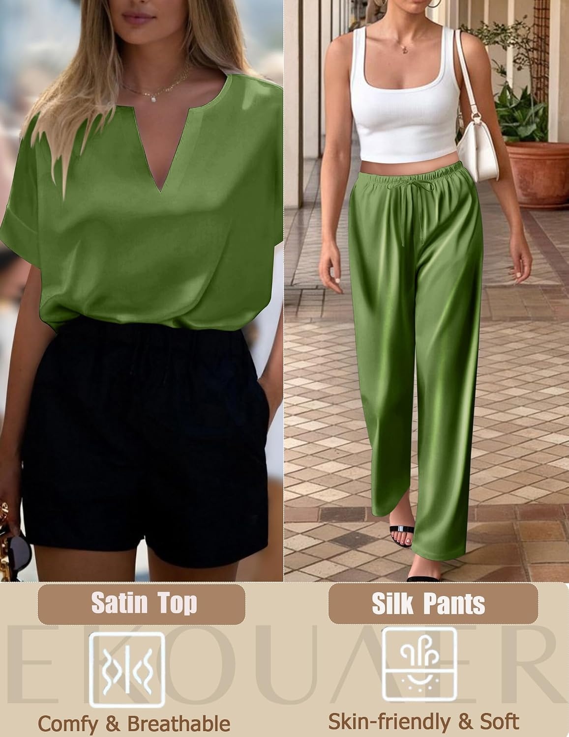 image:imageEkouaer Womens Satin Silky Pajama Set 2 Piece V Neck Silk Pjs with PocketArmy Green