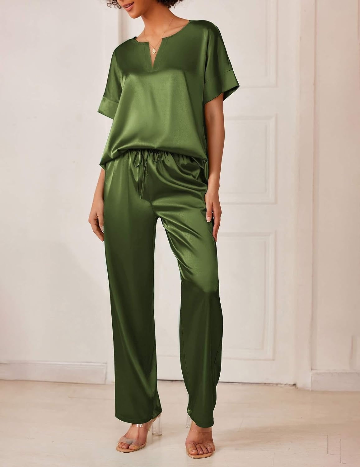 image:imageEkouaer Womens Satin Silky Pajama Set 2 Piece V Neck Silk Pjs with PocketArmy Green