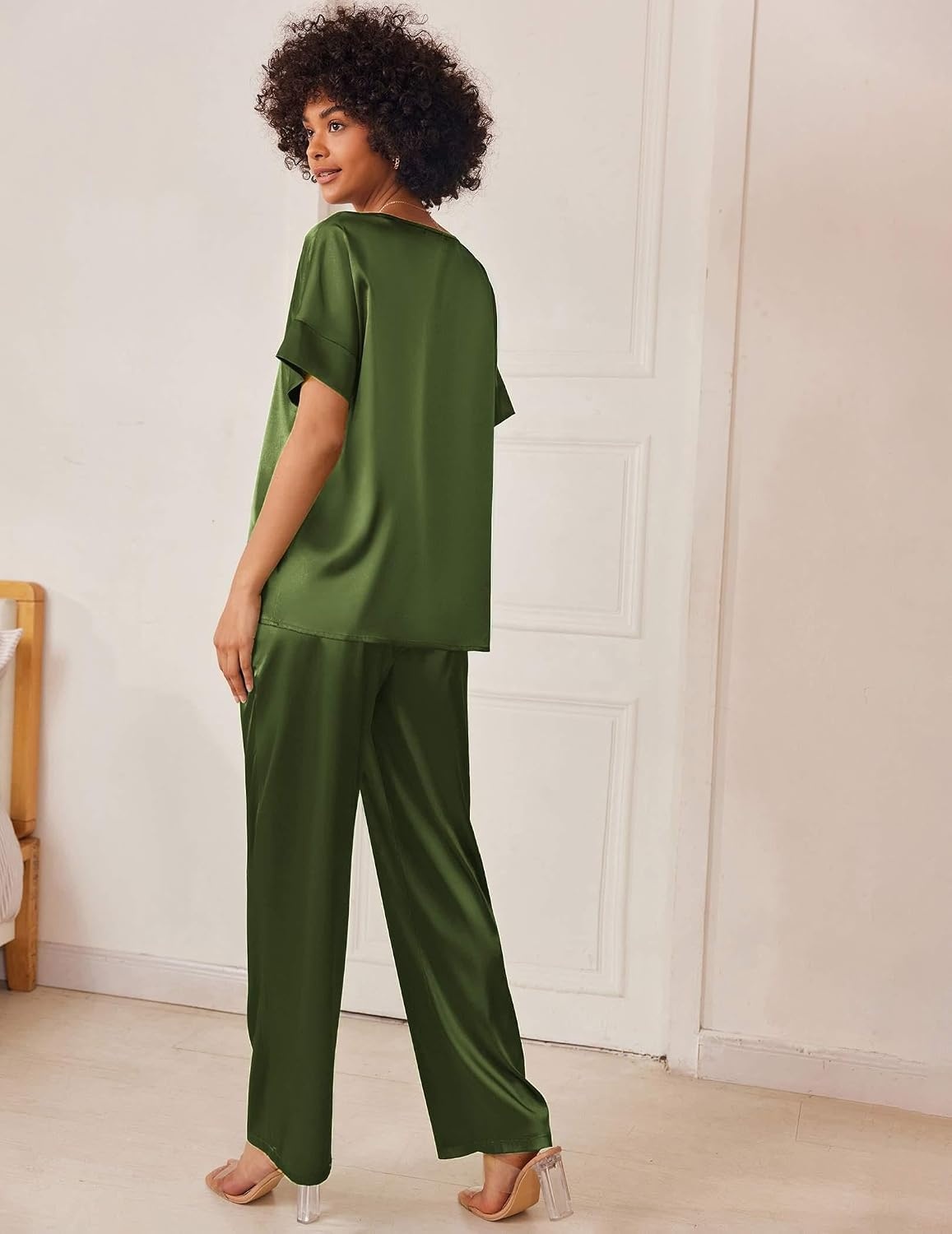 image:imageEkouaer Womens Satin Silky Pajama Set 2 Piece V Neck Silk Pjs with PocketArmy Green