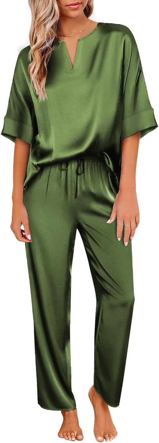 image:imageEkouaer Womens Satin Silky Pajama Set 2 Piece V Neck Silk Pjs with PocketArmy Green