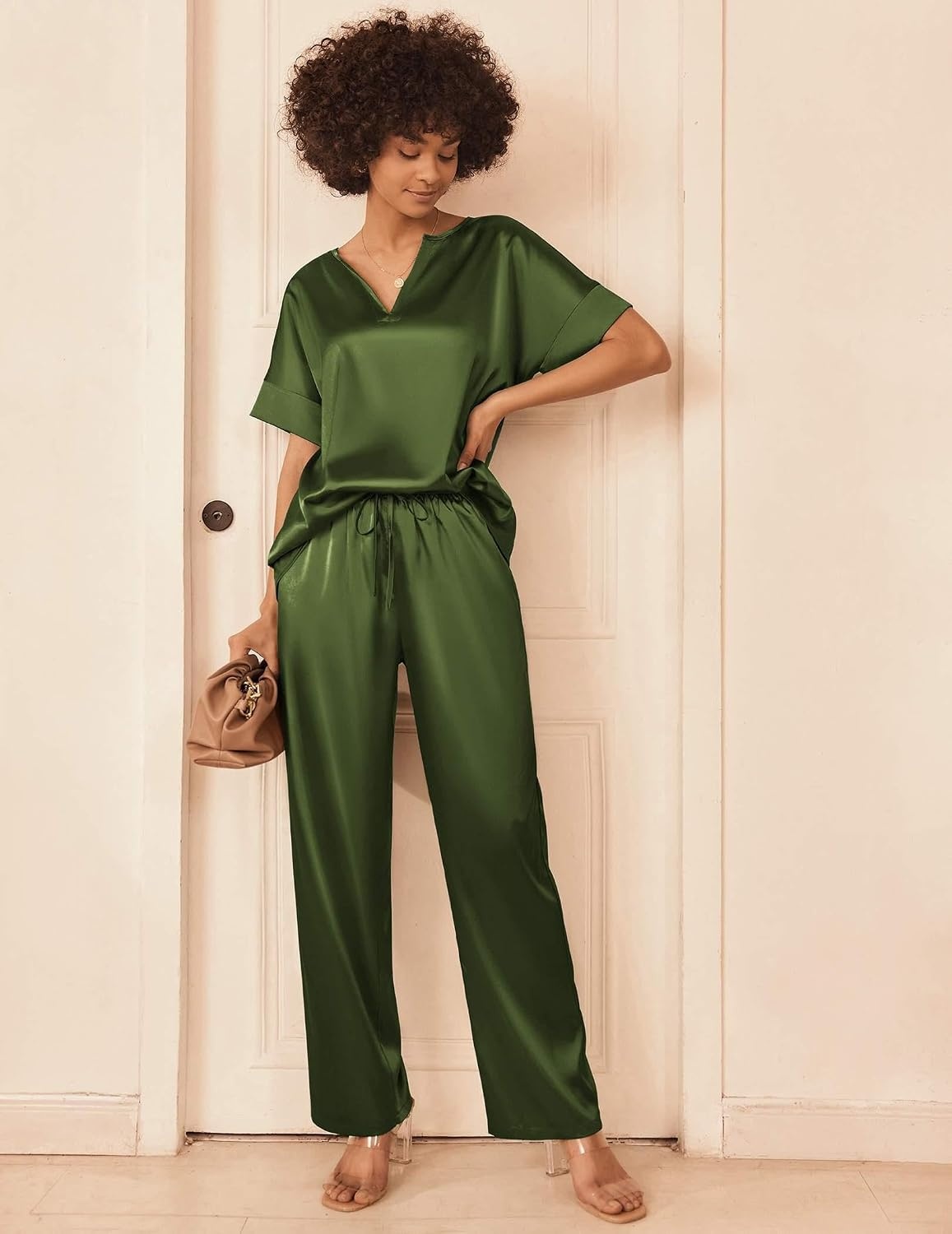 image:imageEkouaer Womens Satin Silky Pajama Set 2 Piece V Neck Silk Pjs with PocketArmy Green