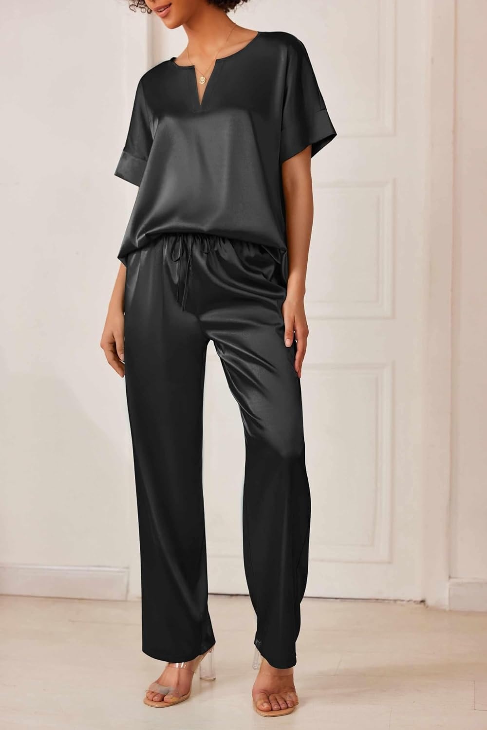 image:imageEkouaer Womens Satin Silky Pajama Set 2 Piece V Neck Silk Pjs with PocketBlack