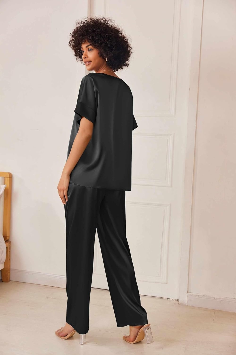 image:imageEkouaer Womens Satin Silky Pajama Set 2 Piece V Neck Silk Pjs with PocketBlack