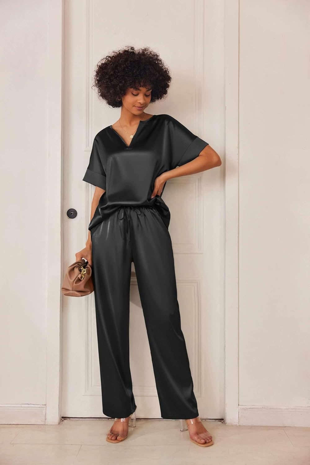 image:imageEkouaer Womens Satin Silky Pajama Set 2 Piece V Neck Silk Pjs with PocketBlack