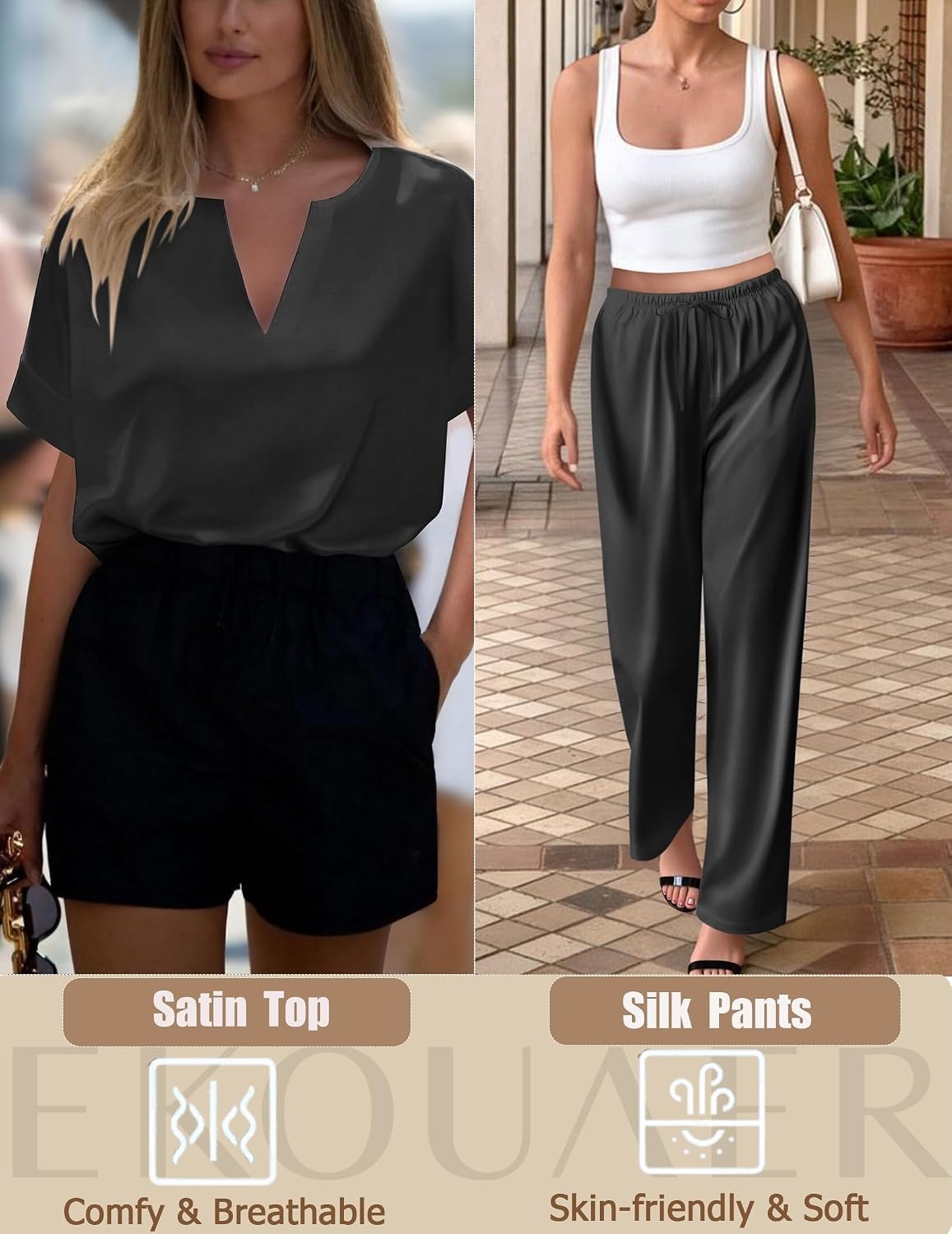 image:imageEkouaer Womens Satin Silky Pajama Set 2 Piece V Neck Silk Pjs with PocketBlack