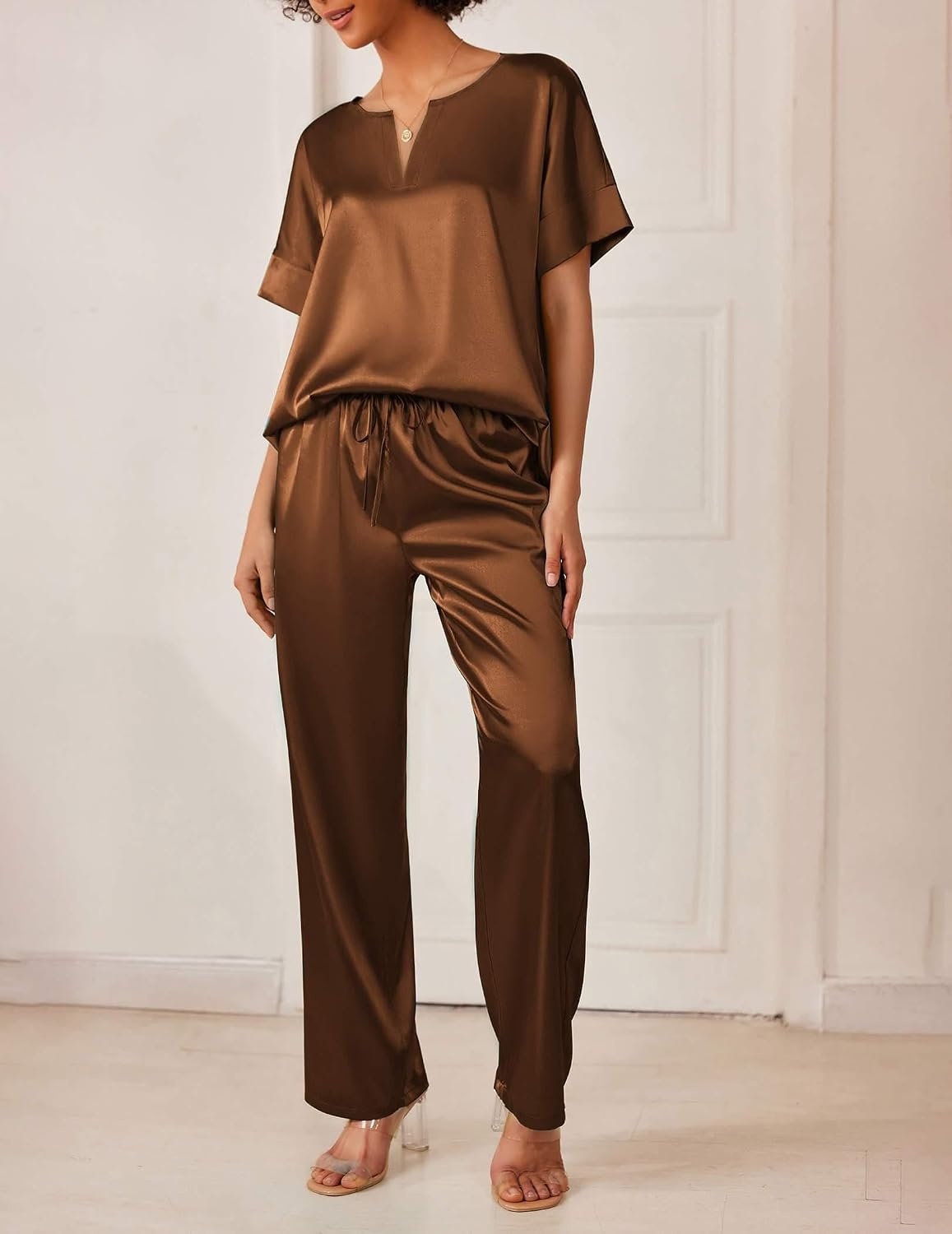 image:imageEkouaer Womens Satin Silky Pajama Set 2 Piece V Neck Silk Pjs with PocketBrown