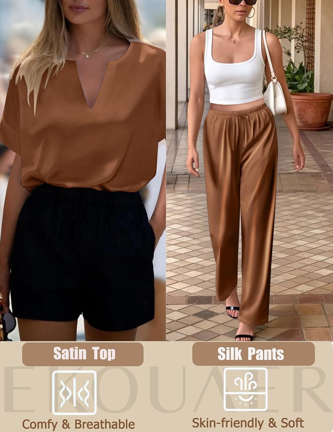 image:imageEkouaer Womens Satin Silky Pajama Set 2 Piece V Neck Silk Pjs with PocketBrown