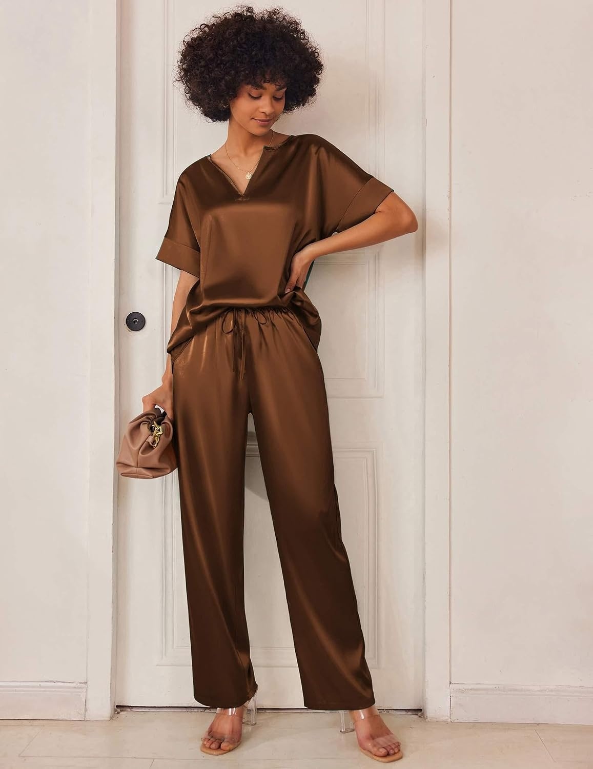 image:imageEkouaer Womens Satin Silky Pajama Set 2 Piece V Neck Silk Pjs with PocketBrown