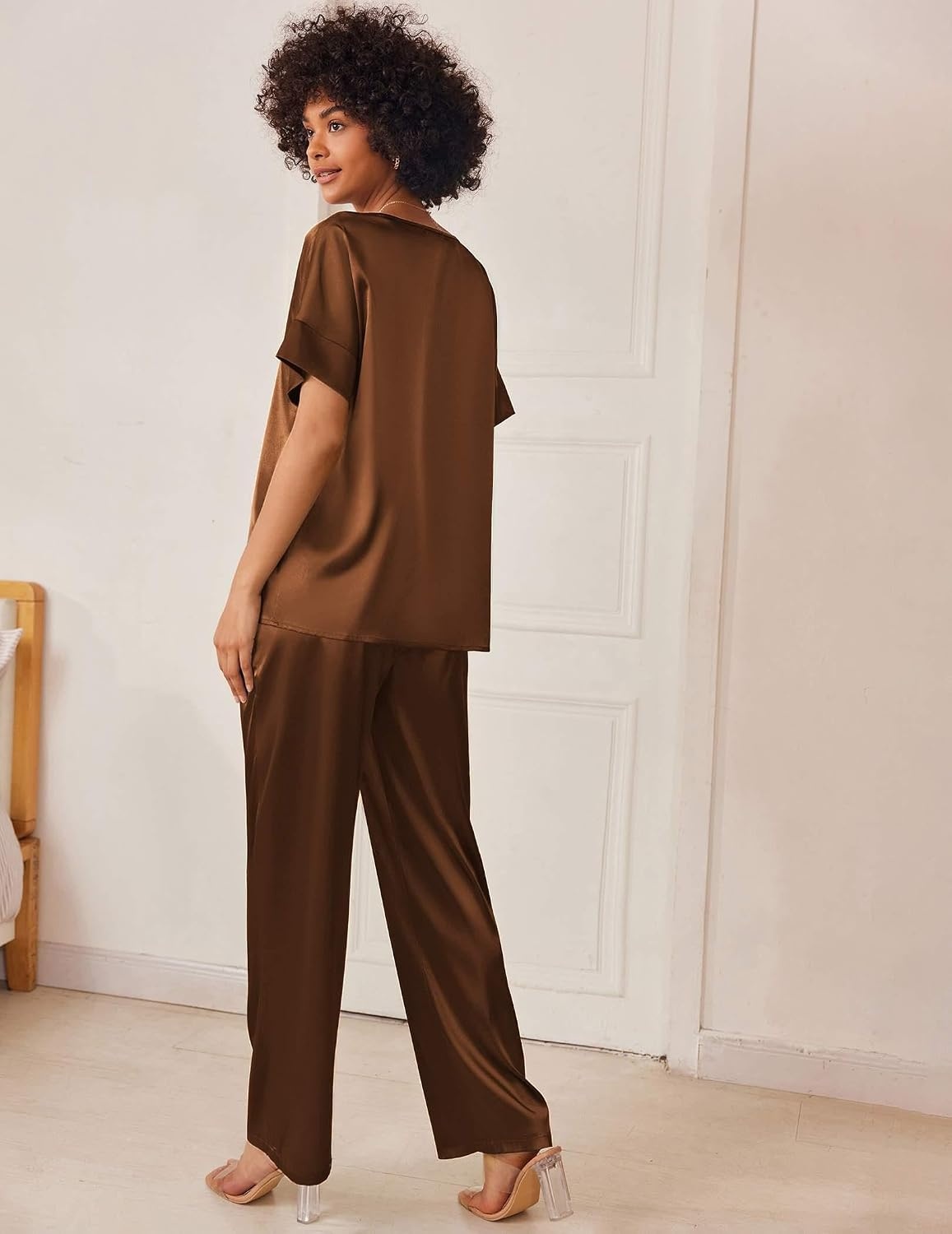 image:imageEkouaer Womens Satin Silky Pajama Set 2 Piece V Neck Silk Pjs with PocketBrown