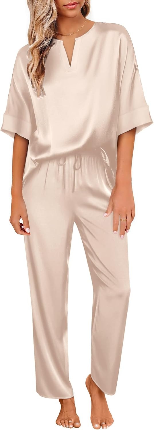image:imageEkouaer Womens Satin Silky Pajama Set 2 Piece V Neck Silk Pjs with PocketChampagne