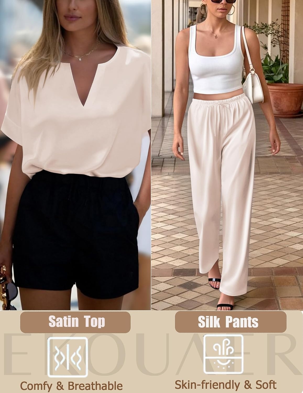 image:imageEkouaer Womens Satin Silky Pajama Set 2 Piece V Neck Silk Pjs with PocketChampagne