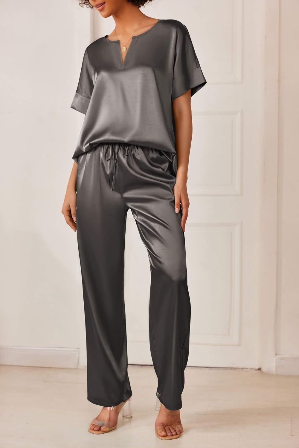 image:imageEkouaer Womens Satin Silky Pajama Set 2 Piece V Neck Silk Pjs with PocketDark Grey