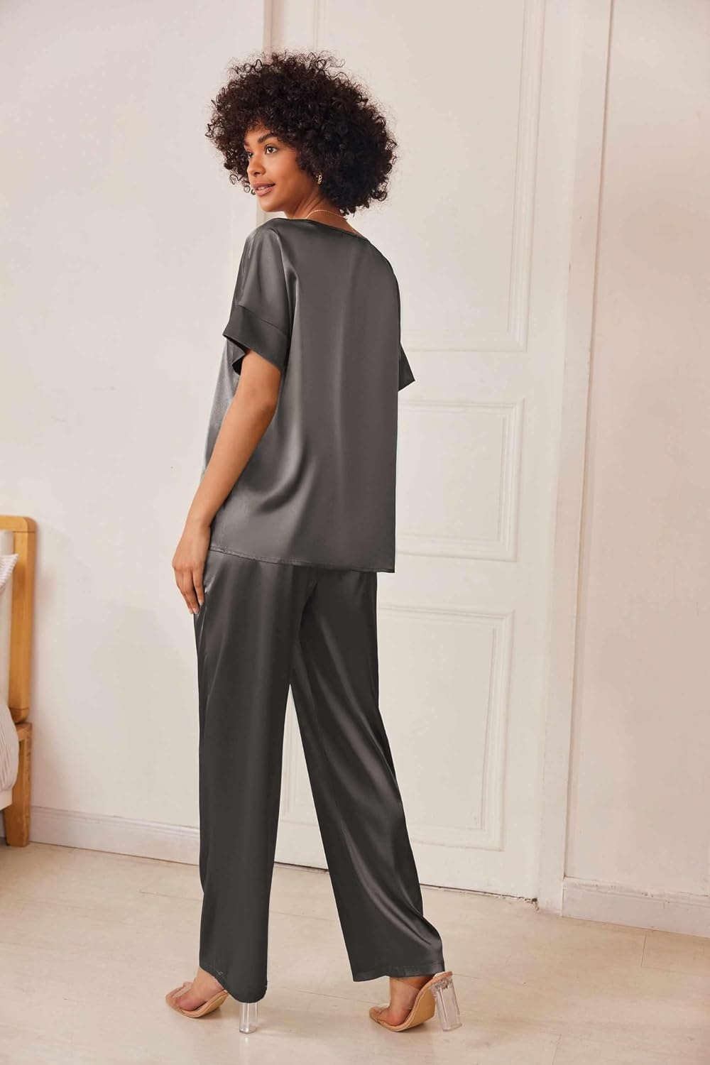 image:imageEkouaer Womens Satin Silky Pajama Set 2 Piece V Neck Silk Pjs with PocketDark Grey