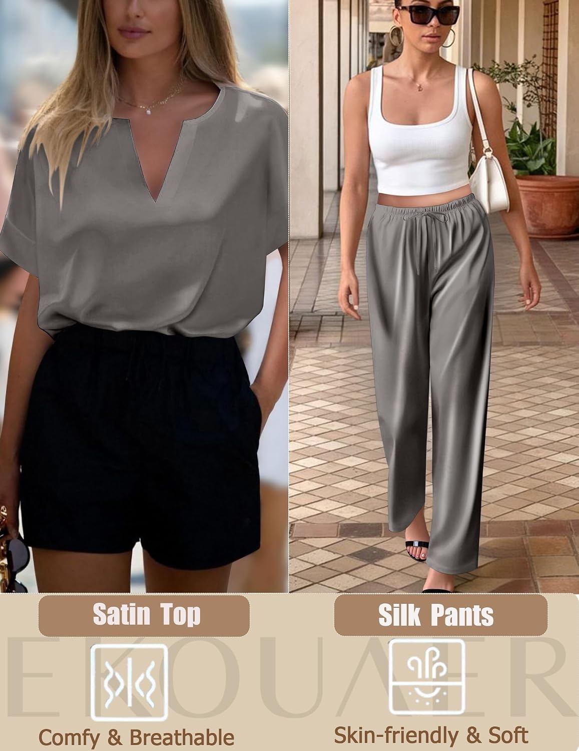 image:imageEkouaer Womens Satin Silky Pajama Set 2 Piece V Neck Silk Pjs with PocketDark Grey
