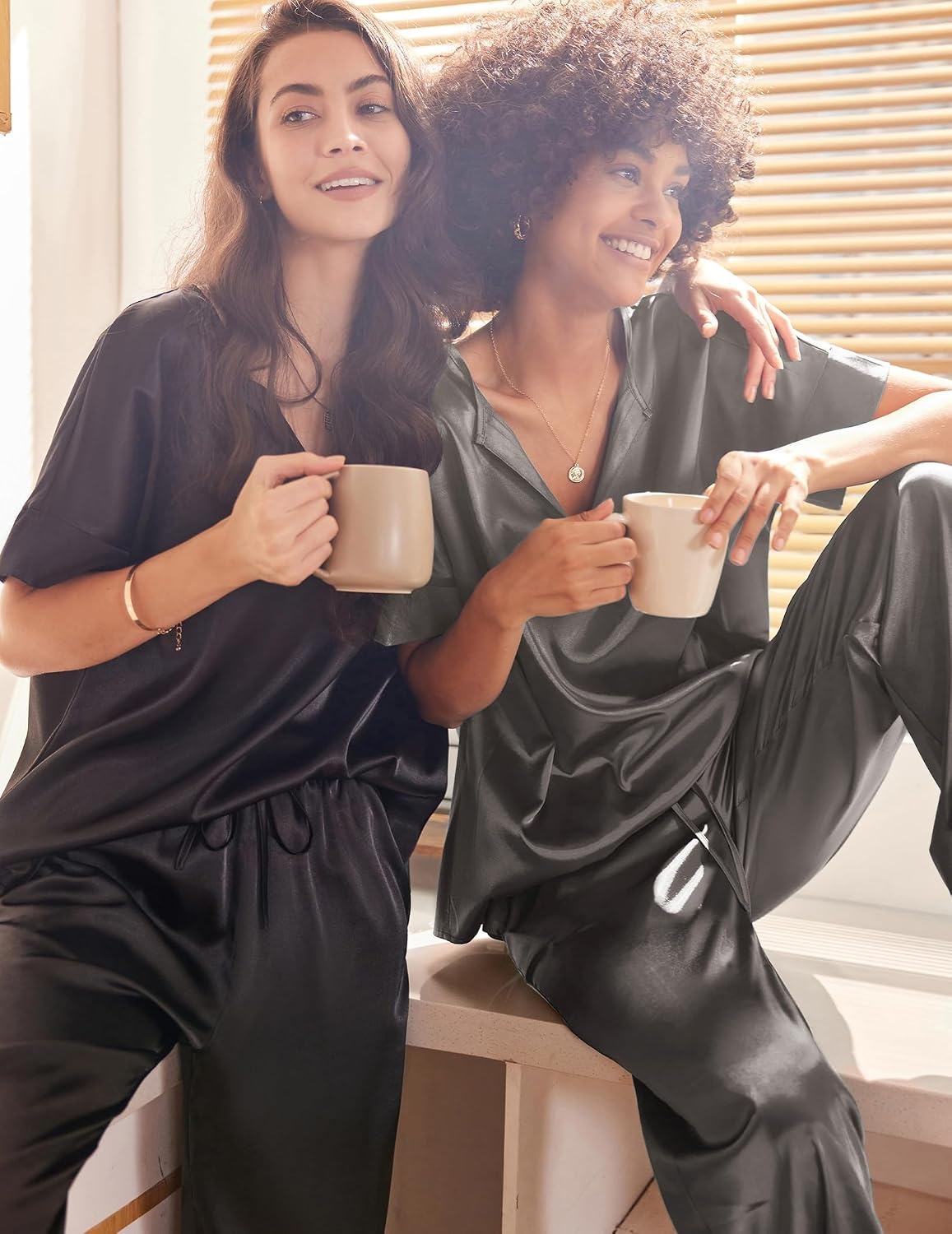 image:imageEkouaer Womens Satin Silky Pajama Set 2 Piece V Neck Silk Pjs with PocketDark Grey