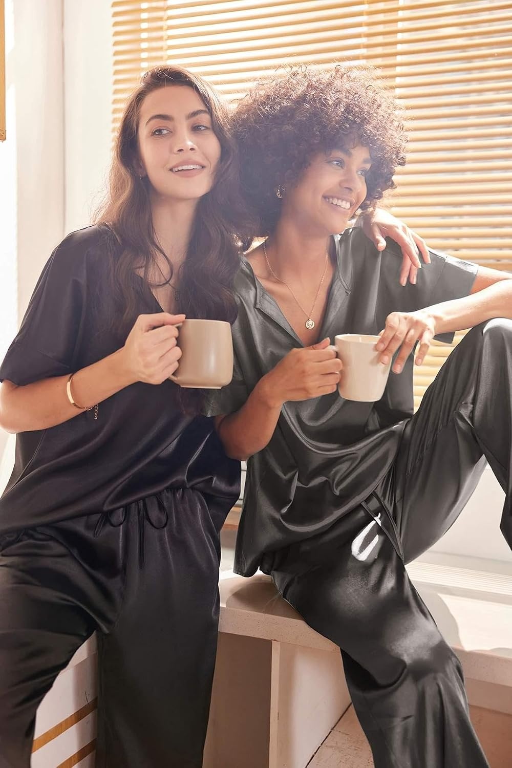 image:imageEkouaer Womens Satin Silky Pajama Set 2 Piece V Neck Silk Pjs with PocketDark Grey