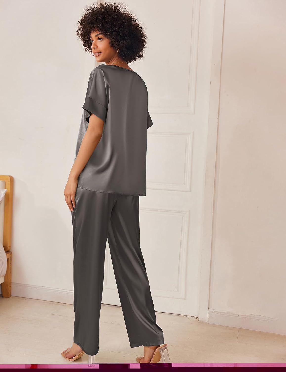 image:imageEkouaer Womens Satin Silky Pajama Set 2 Piece V Neck Silk Pjs with PocketDark Grey