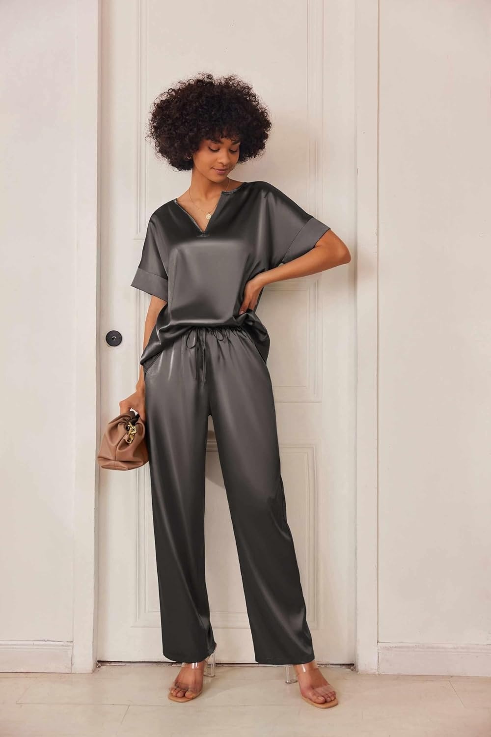 image:imageEkouaer Womens Satin Silky Pajama Set 2 Piece V Neck Silk Pjs with PocketDark Grey