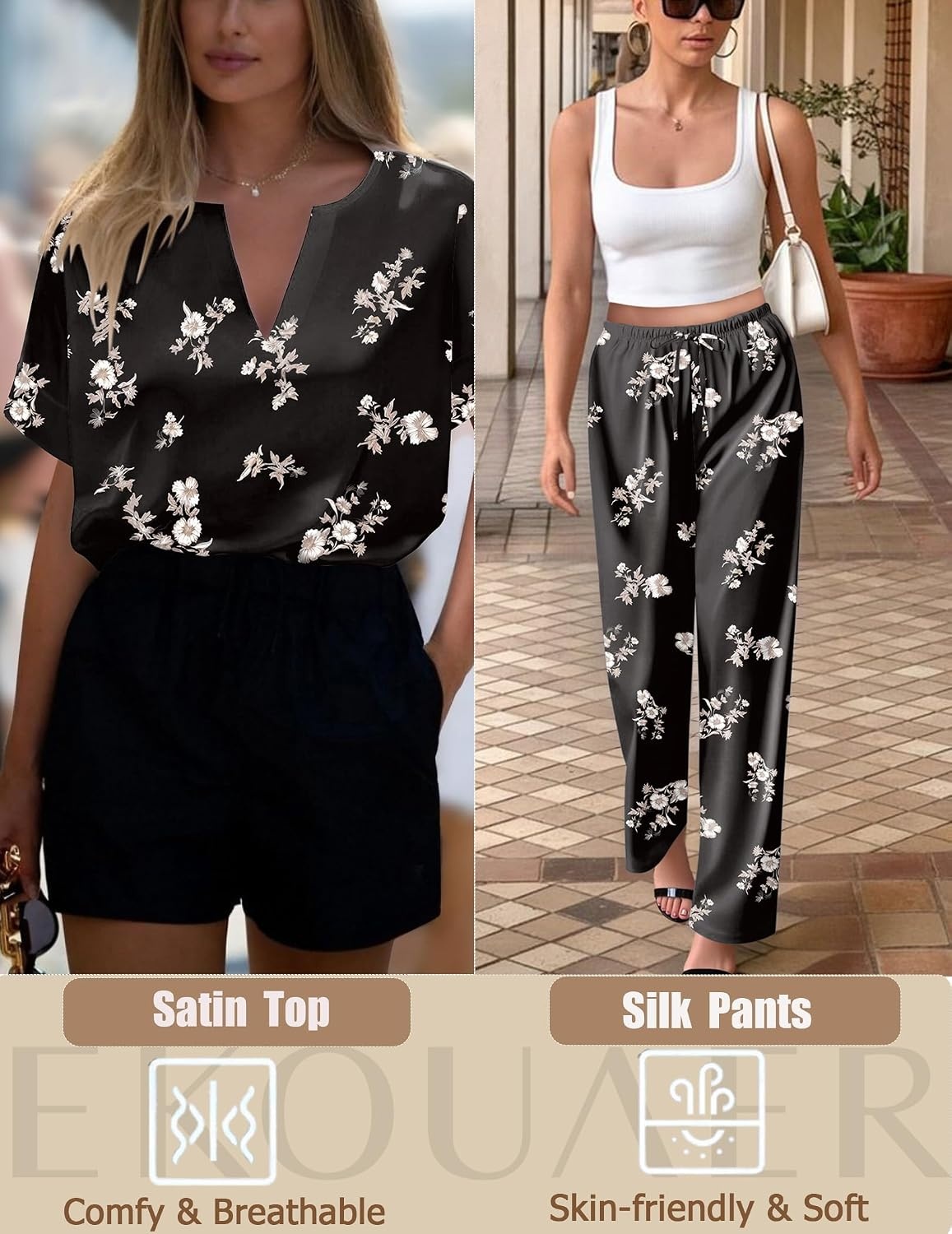 image:imageEkouaer Womens Satin Silky Pajama Set 2 Piece V Neck Silk Pjs with PocketFloral Black