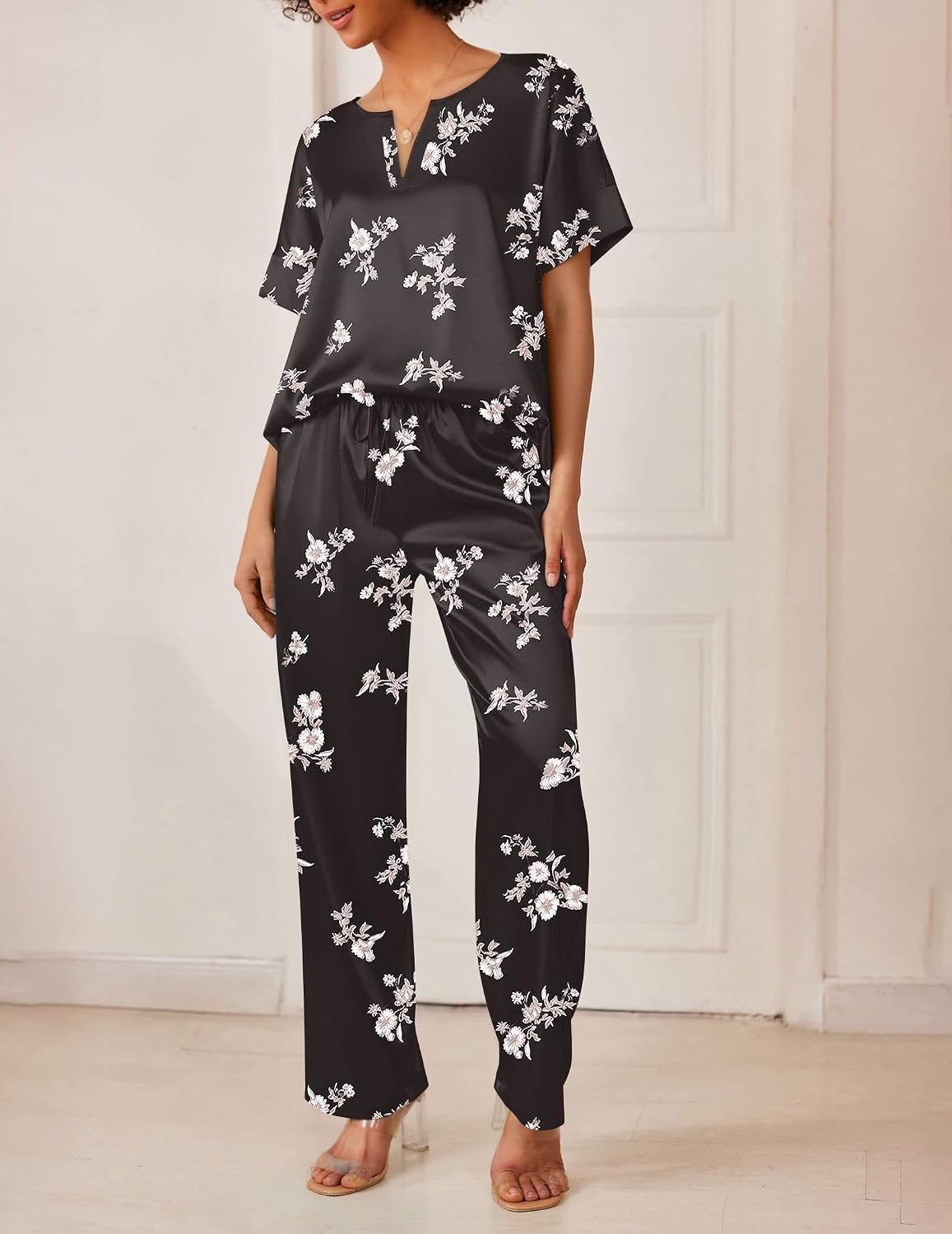 image:imageEkouaer Womens Satin Silky Pajama Set 2 Piece V Neck Silk Pjs with PocketFloral Black
