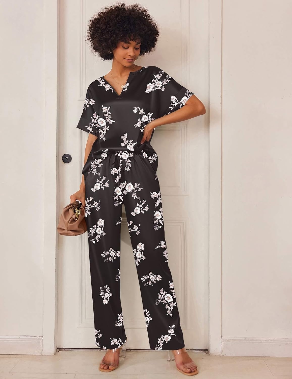 image:imageEkouaer Womens Satin Silky Pajama Set 2 Piece V Neck Silk Pjs with PocketFloral Black