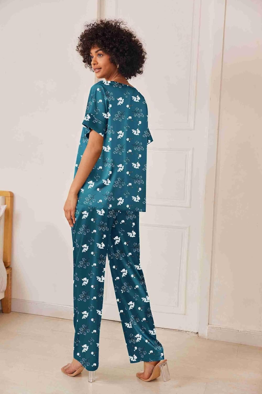 image:imageEkouaer Womens Satin Silky Pajama Set 2 Piece V Neck Silk Pjs with PocketFloral BlueGreen