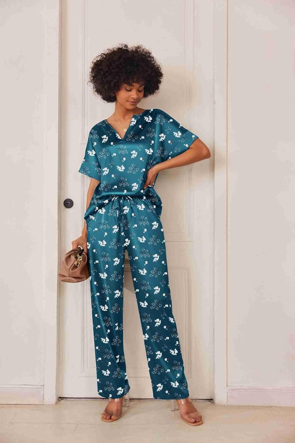 image:imageEkouaer Womens Satin Silky Pajama Set 2 Piece V Neck Silk Pjs with PocketFloral BlueGreen