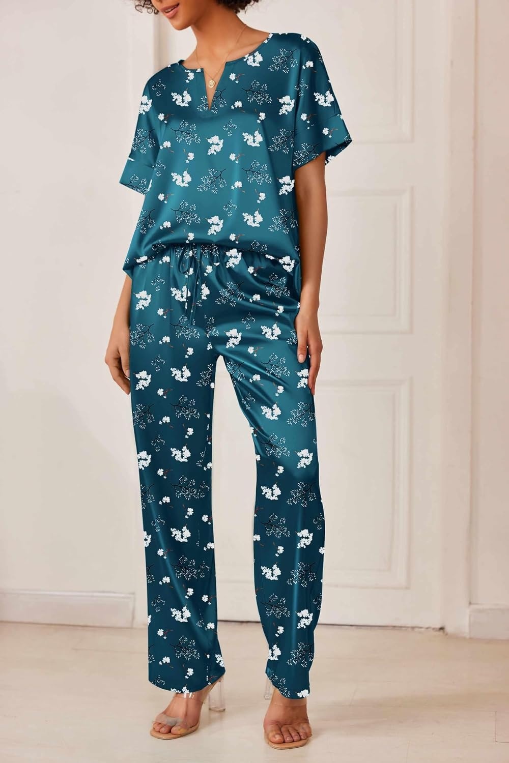 image:imageEkouaer Womens Satin Silky Pajama Set 2 Piece V Neck Silk Pjs with PocketFloral BlueGreen