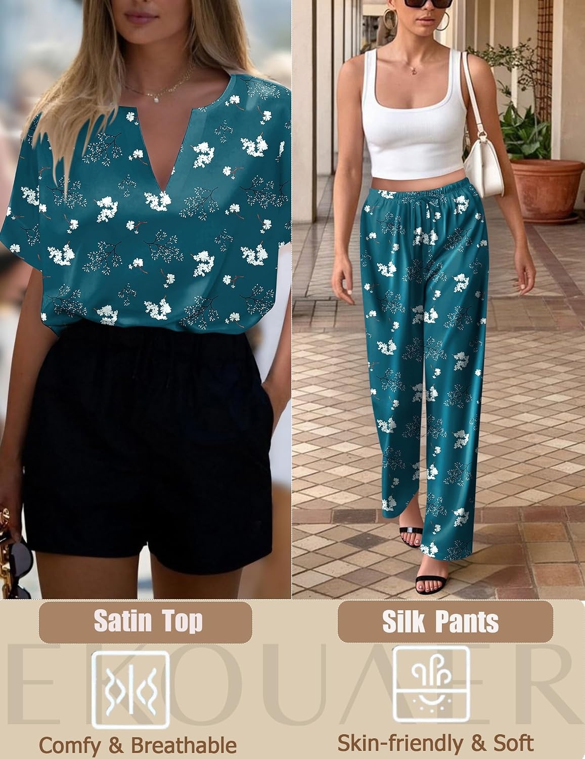 image:imageEkouaer Womens Satin Silky Pajama Set 2 Piece V Neck Silk Pjs with PocketFloral BlueGreen