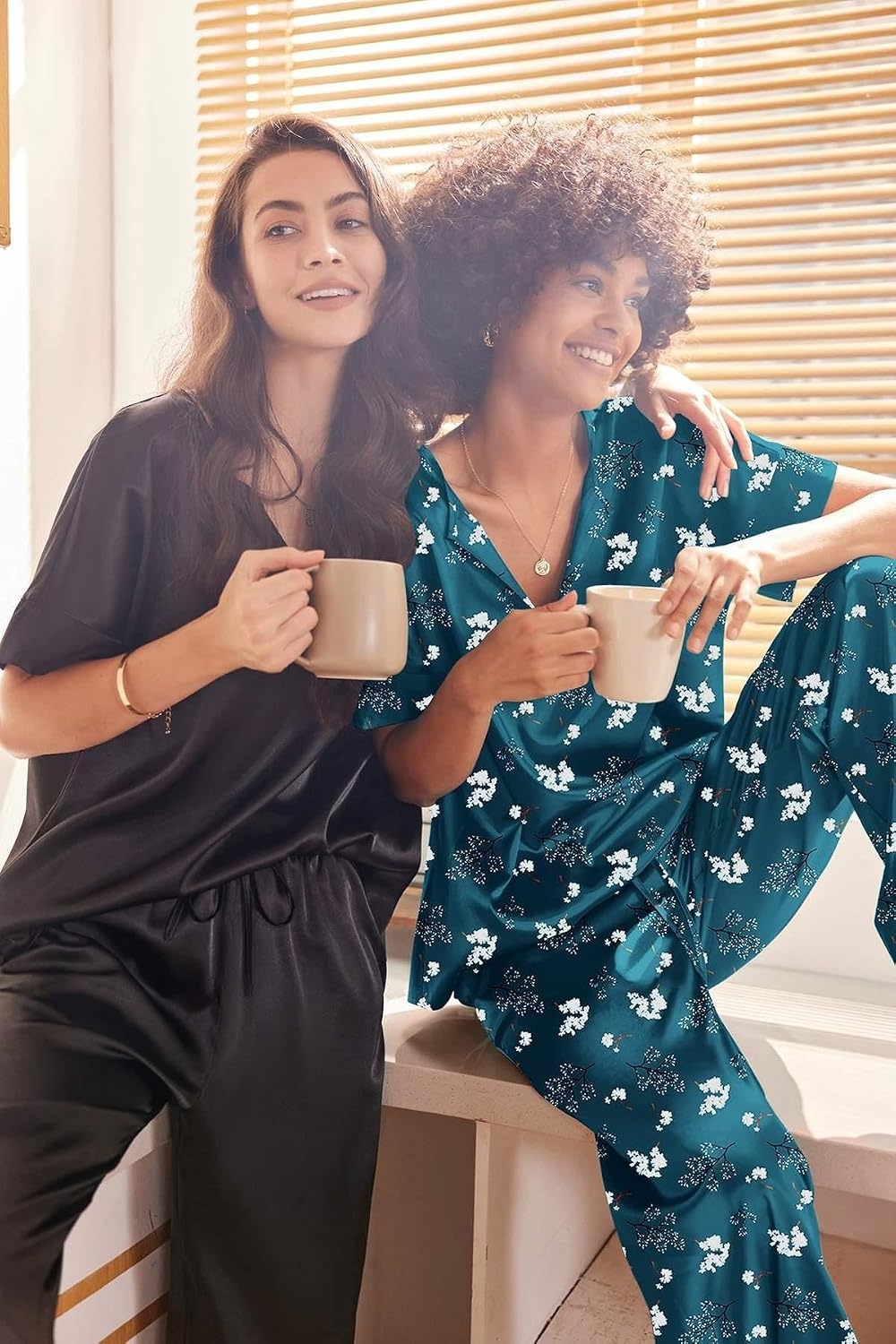 image:imageEkouaer Womens Satin Silky Pajama Set 2 Piece V Neck Silk Pjs with PocketFloral BlueGreen
