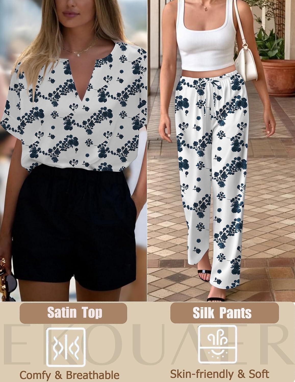 image:imageEkouaer Womens Satin Silky Pajama Set 2 Piece V Neck Silk Pjs with PocketFloral White