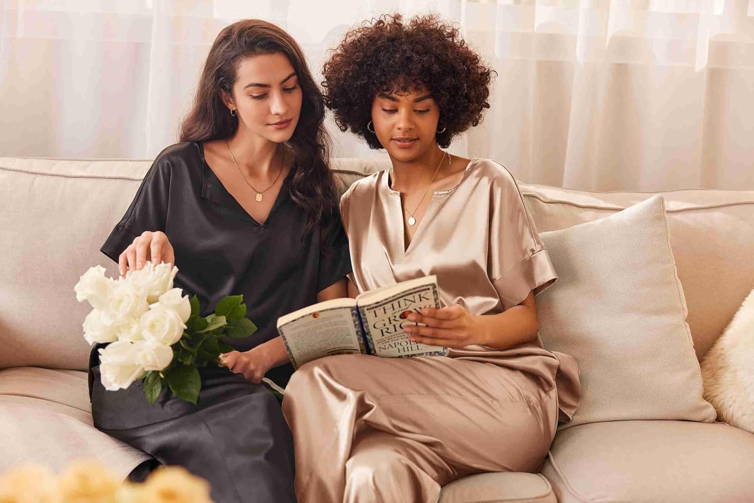 image:imageEkouaer Womens Satin Silky Pajama Set 2 Piece V Neck Silk Pjs with PocketKhaki