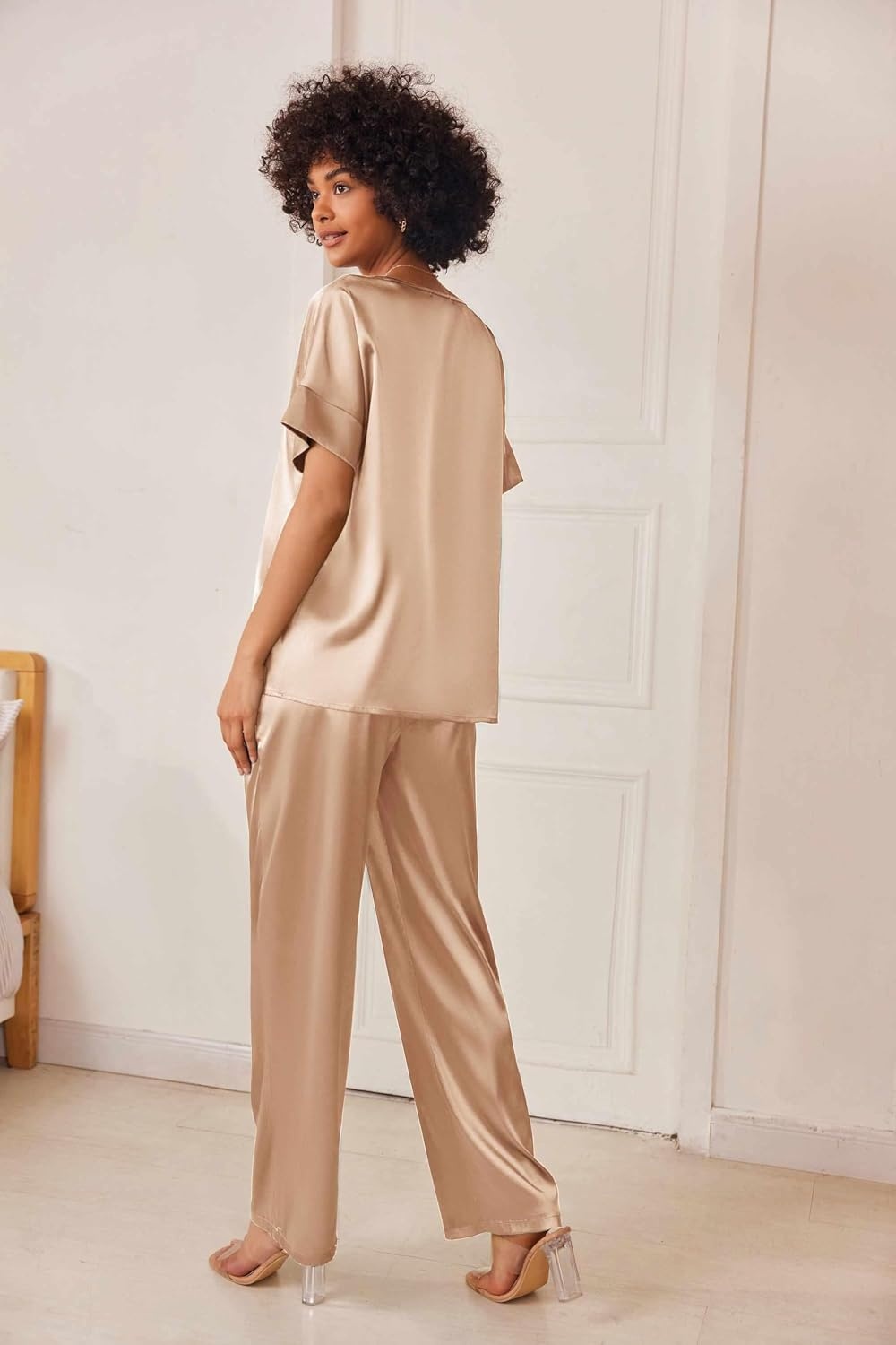 image:imageEkouaer Womens Satin Silky Pajama Set 2 Piece V Neck Silk Pjs with PocketKhaki