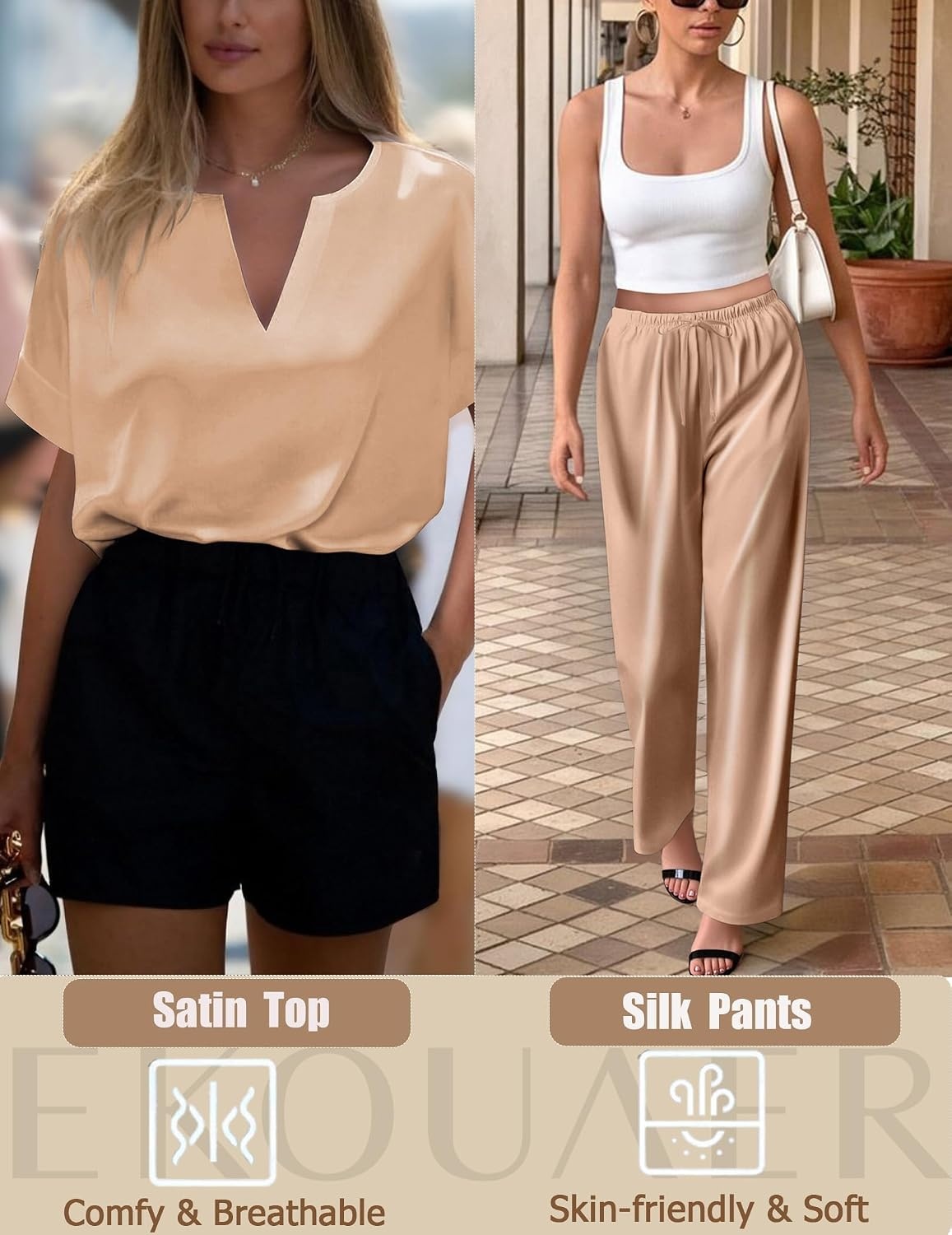 image:imageEkouaer Womens Satin Silky Pajama Set 2 Piece V Neck Silk Pjs with PocketKhaki
