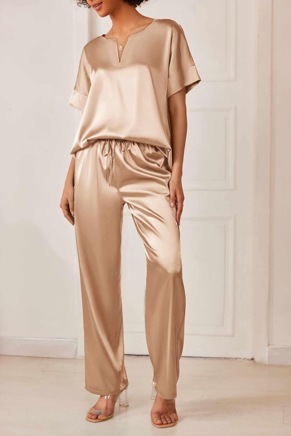 image:imageEkouaer Womens Satin Silky Pajama Set 2 Piece V Neck Silk Pjs with PocketKhaki