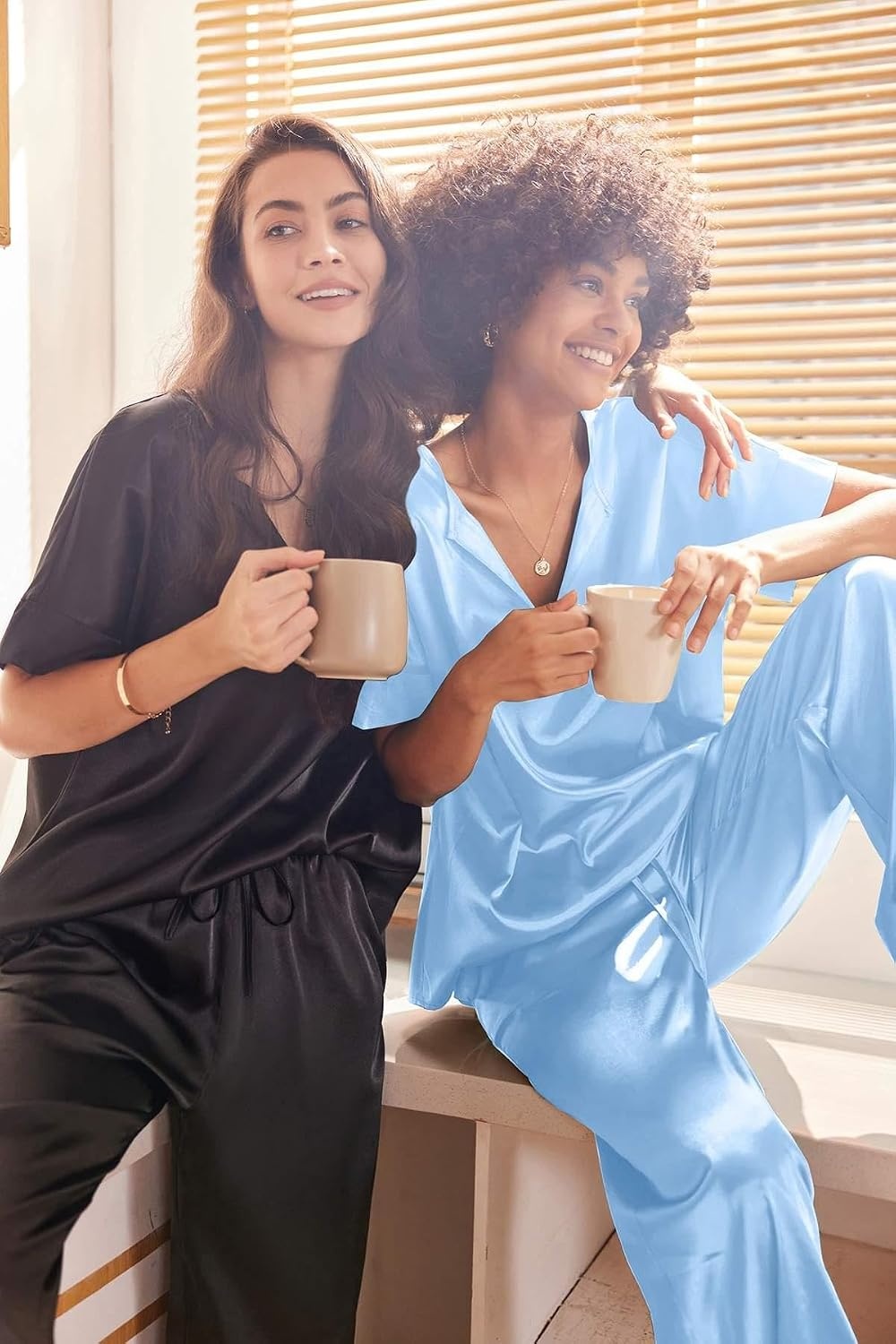 image:imageEkouaer Womens Satin Silky Pajama Set 2 Piece V Neck Silk Pjs with PocketLight Blue