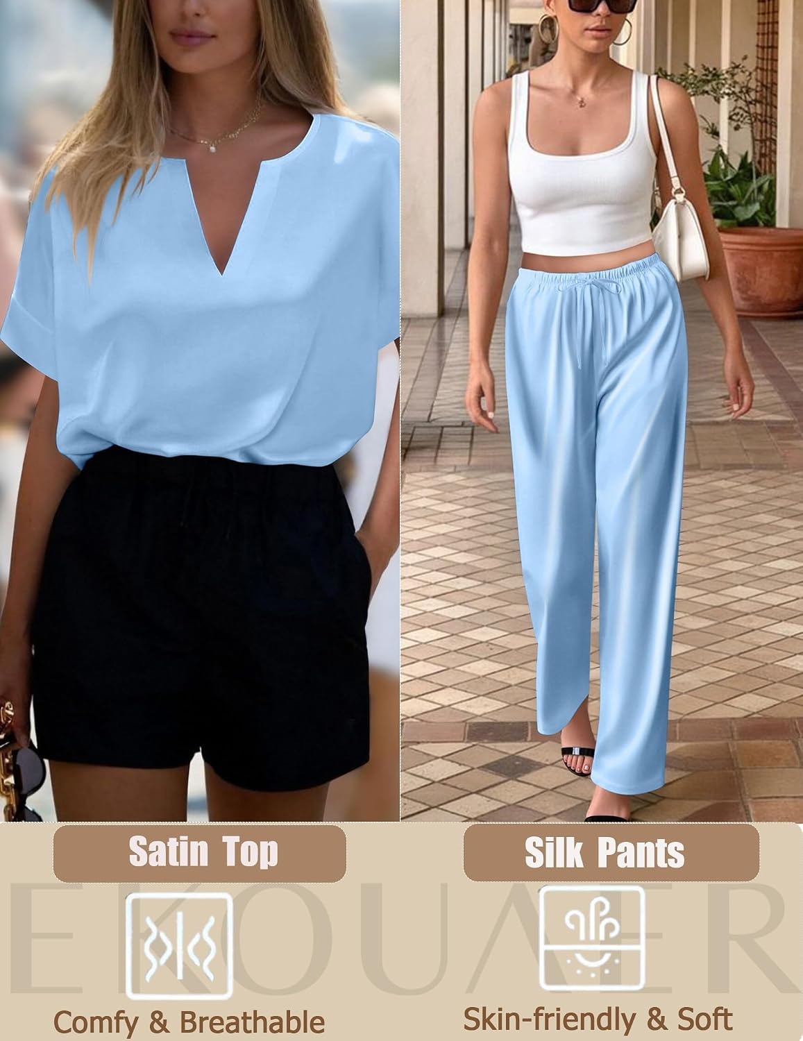 image:imageEkouaer Womens Satin Silky Pajama Set 2 Piece V Neck Silk Pjs with PocketLight Blue