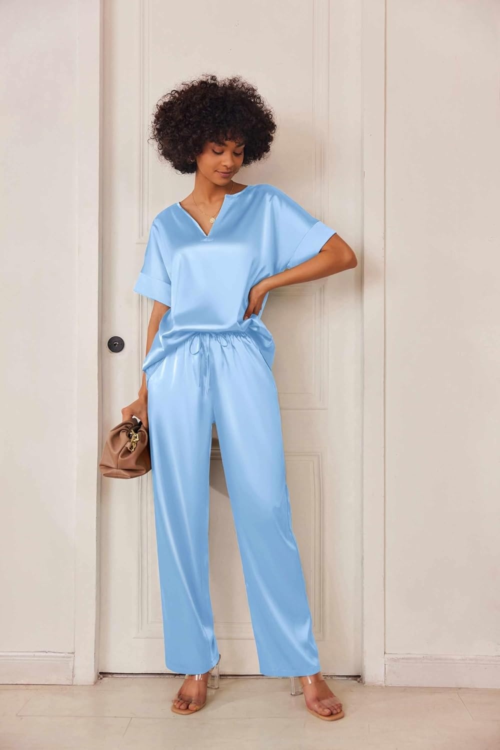 image:imageEkouaer Womens Satin Silky Pajama Set 2 Piece V Neck Silk Pjs with PocketLight Blue