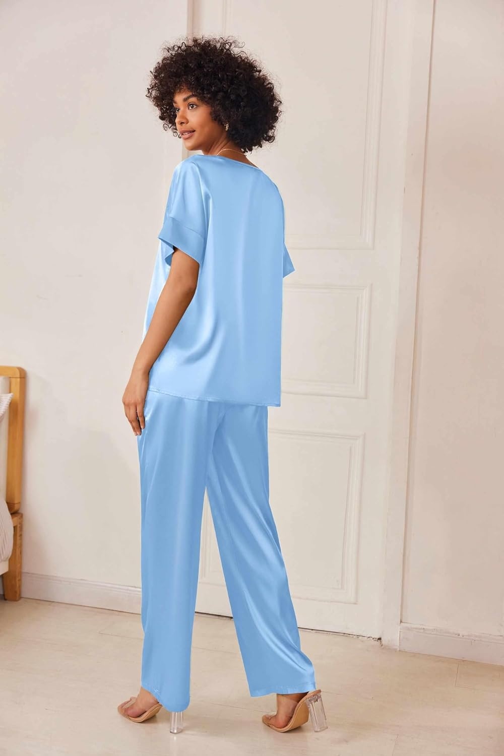 image:imageEkouaer Womens Satin Silky Pajama Set 2 Piece V Neck Silk Pjs with PocketLight Blue