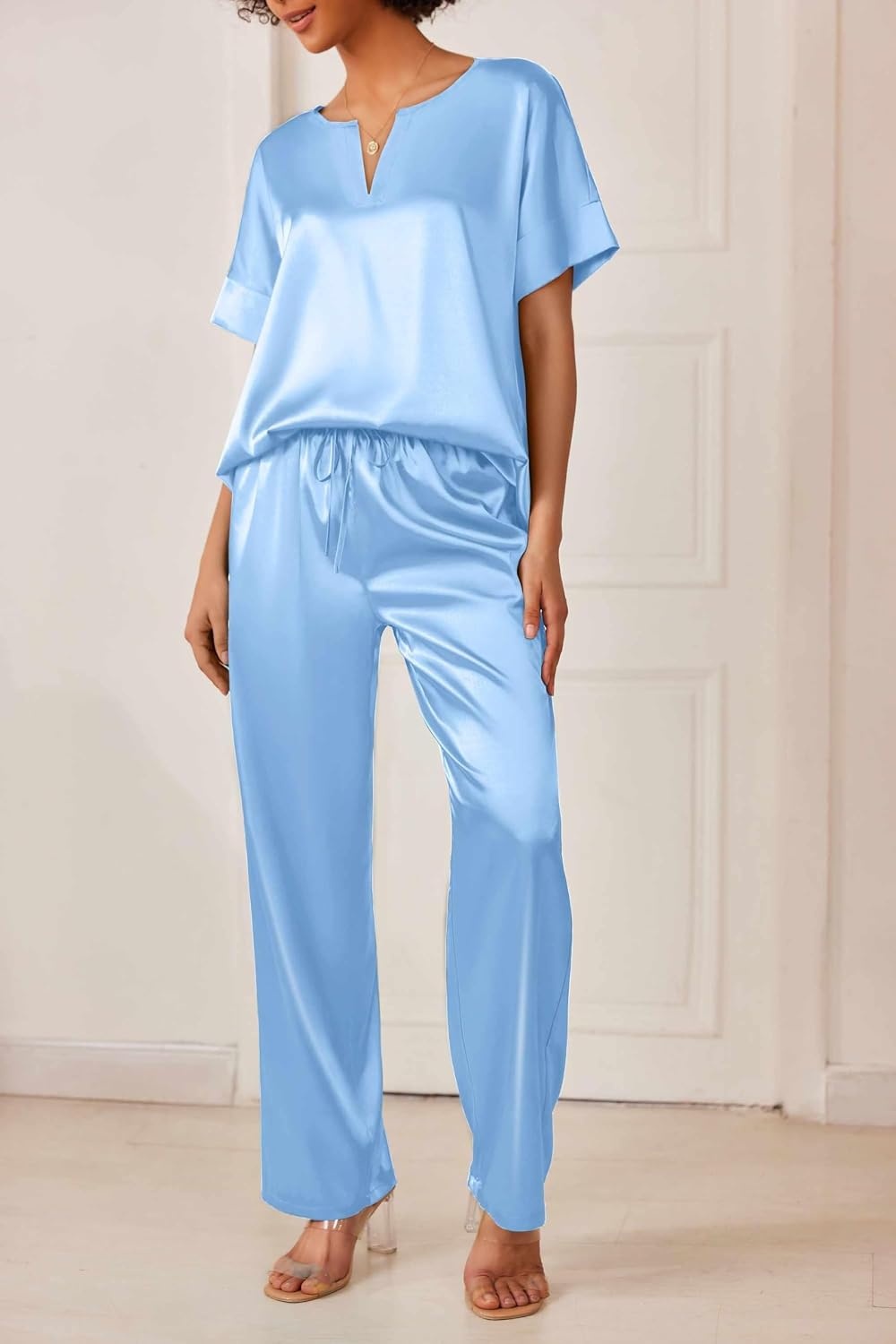 image:imageEkouaer Womens Satin Silky Pajama Set 2 Piece V Neck Silk Pjs with PocketLight Blue