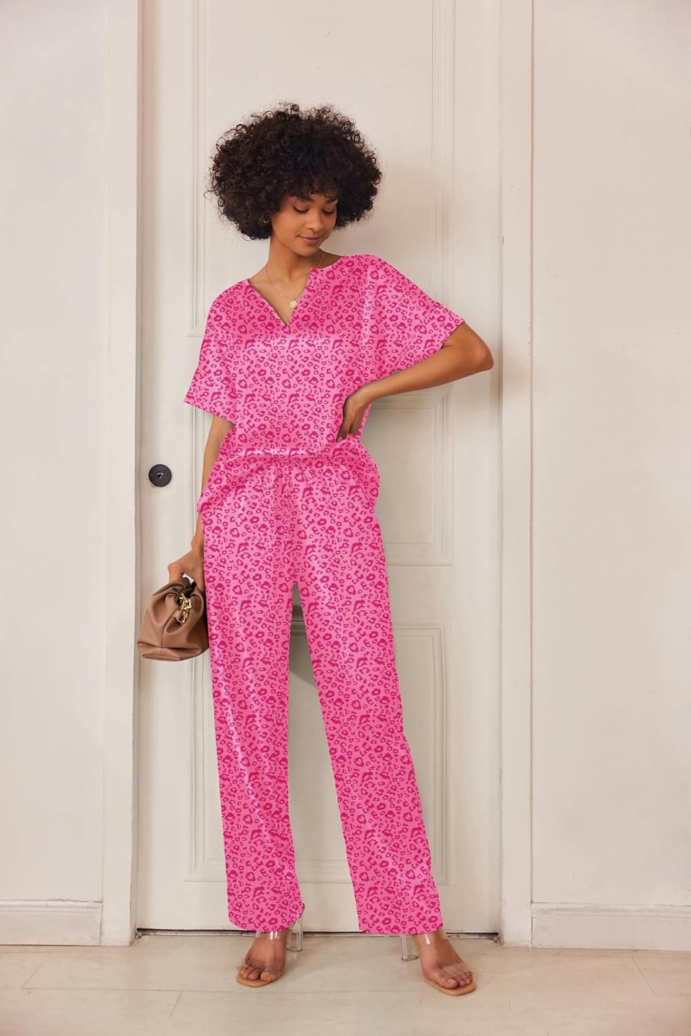 image:imageEkouaer Womens Satin Silky Pajama Set 2 Piece V Neck Silk Pjs with PocketPink Leopard