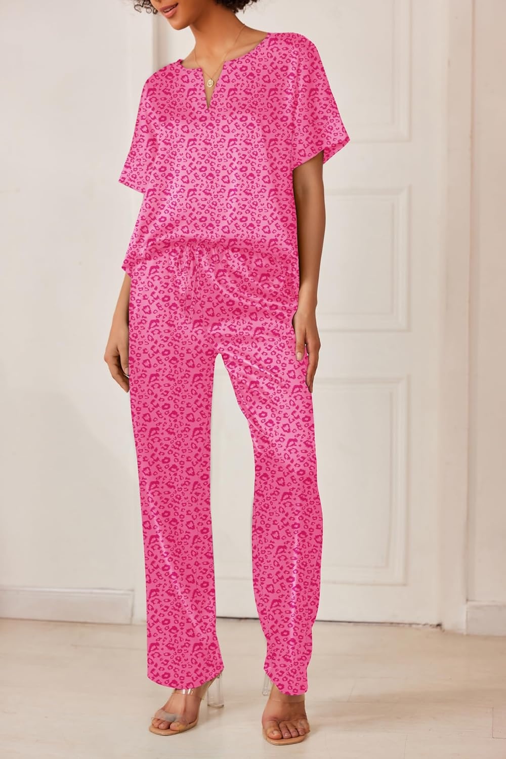 image:imageEkouaer Womens Satin Silky Pajama Set 2 Piece V Neck Silk Pjs with PocketPink Leopard