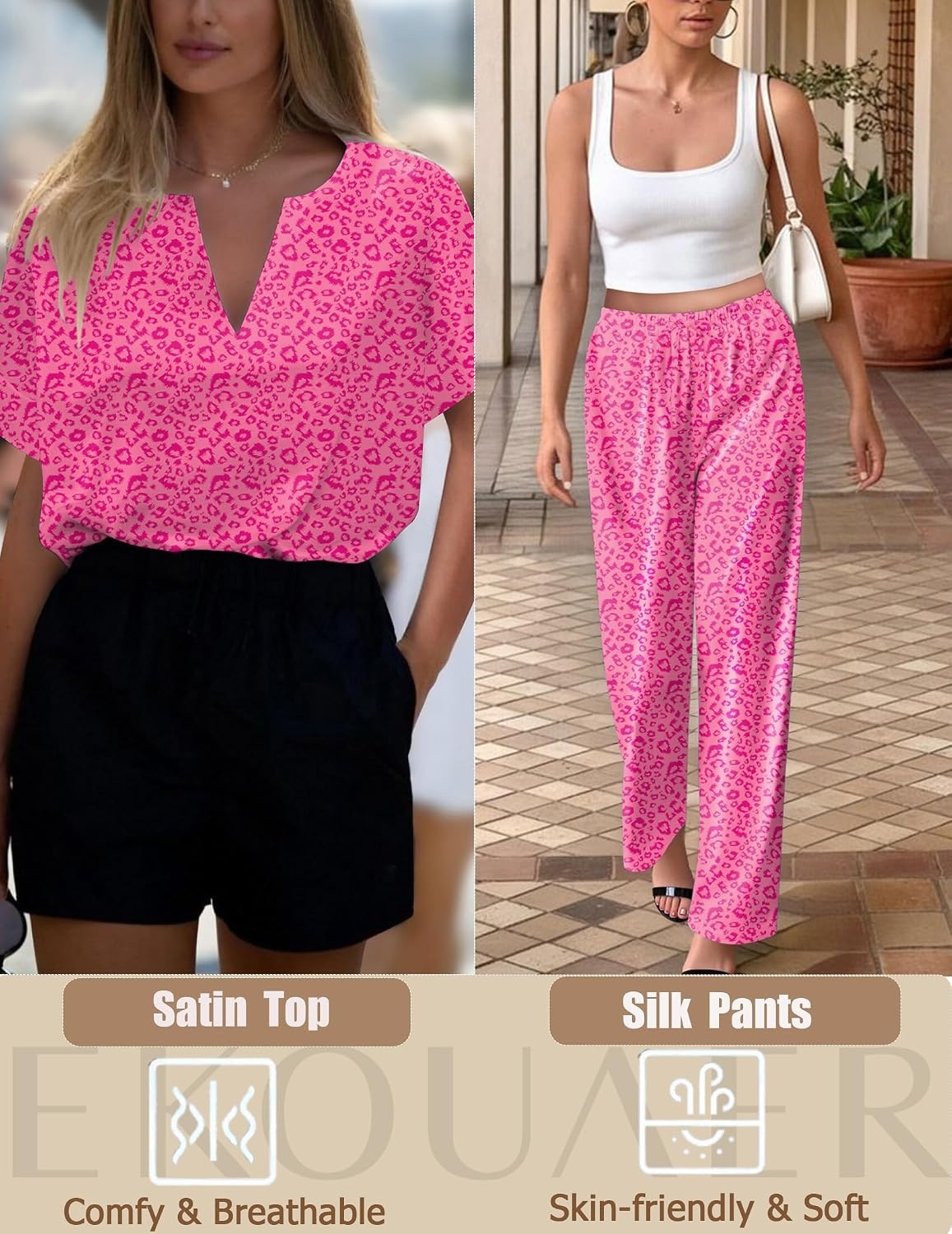 image:imageEkouaer Womens Satin Silky Pajama Set 2 Piece V Neck Silk Pjs with PocketPink Leopard