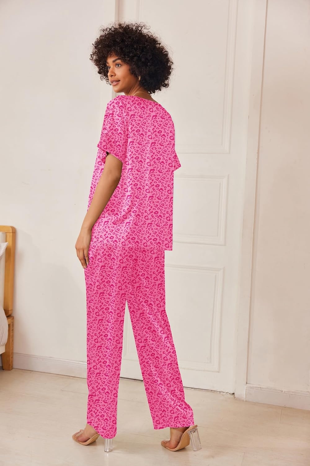 image:imageEkouaer Womens Satin Silky Pajama Set 2 Piece V Neck Silk Pjs with PocketPink Leopard
