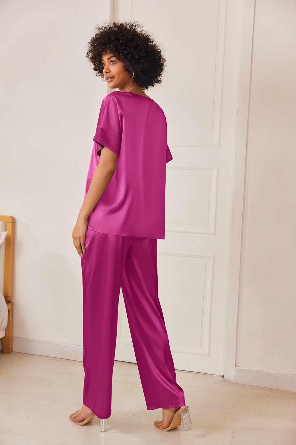 image:imageEkouaer Womens Satin Silky Pajama Set 2 Piece V Neck Silk Pjs with PocketPlum